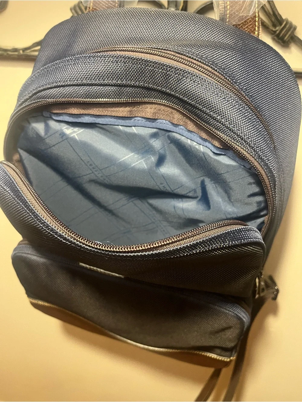 Longchamp Men's Navy Blue Backpack with Brown Trim